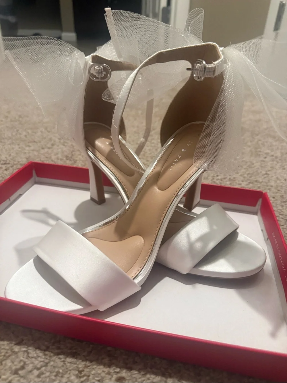 Kelly & Katie White Satin Ankle-Tie Heels with Tulle Bows